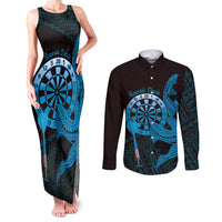 Aloha Hawaii Darts Couples Matching Tank Maxi Dress and Long Sleeve Button Shirt Dart Board With Polynesian Shark - Blue LT14 Blue - Polynesian Pride