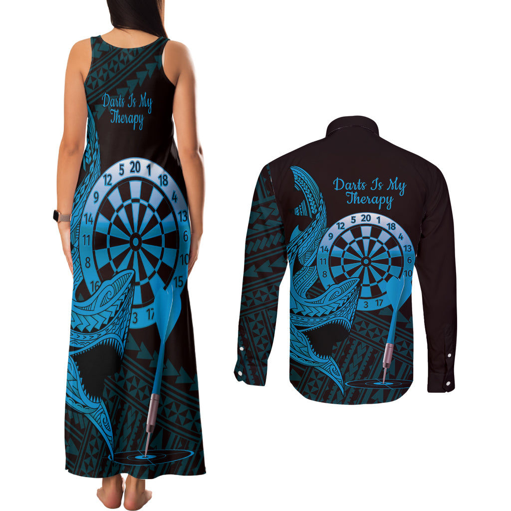 Aloha Hawaii Darts Couples Matching Tank Maxi Dress and Long Sleeve Button Shirt Dart Board With Polynesian Shark - Blue LT14 - Polynesian Pride