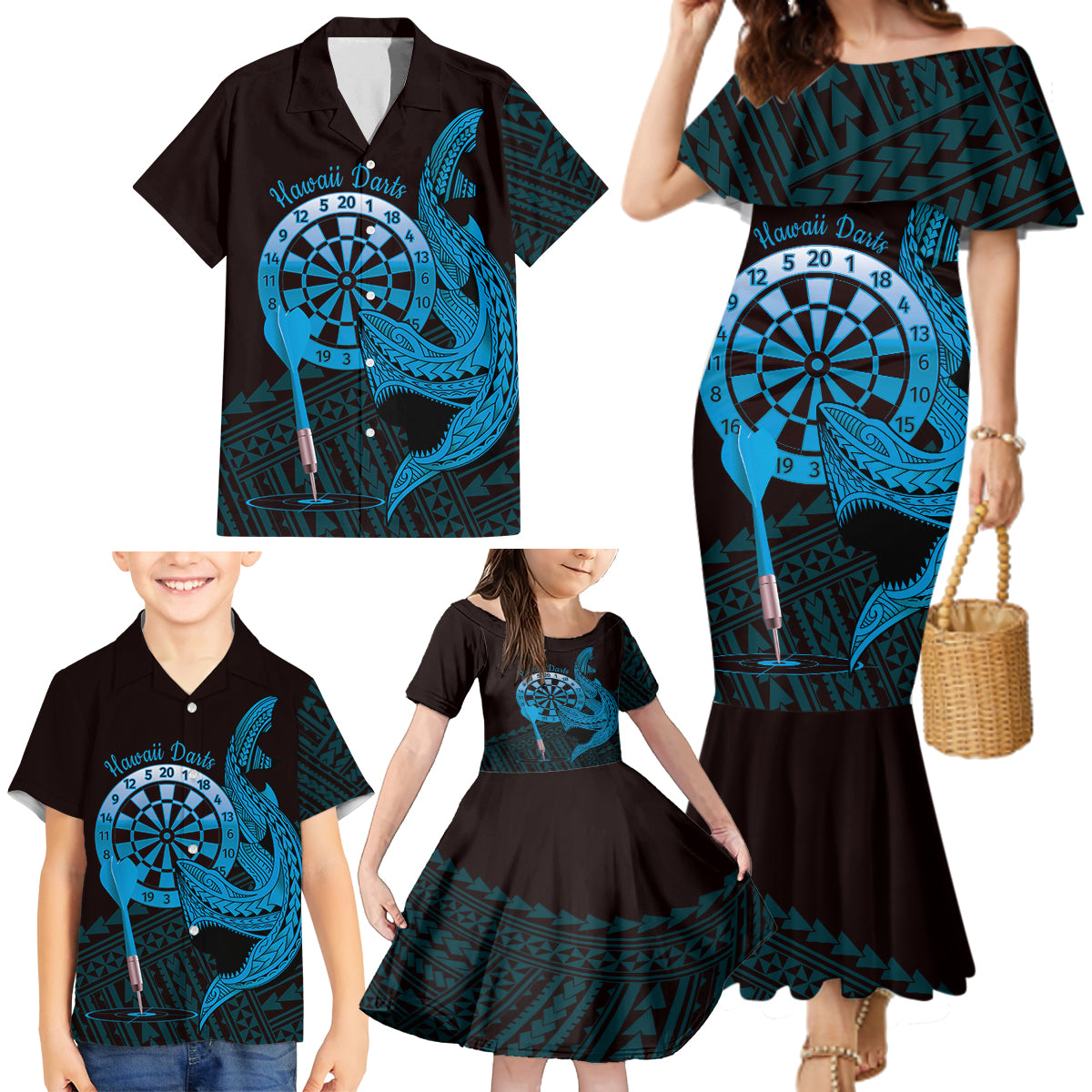 Aloha Hawaii Darts Family Matching Mermaid Dress and Hawaiian Shirt Dart Board With Polynesian Shark - Blue