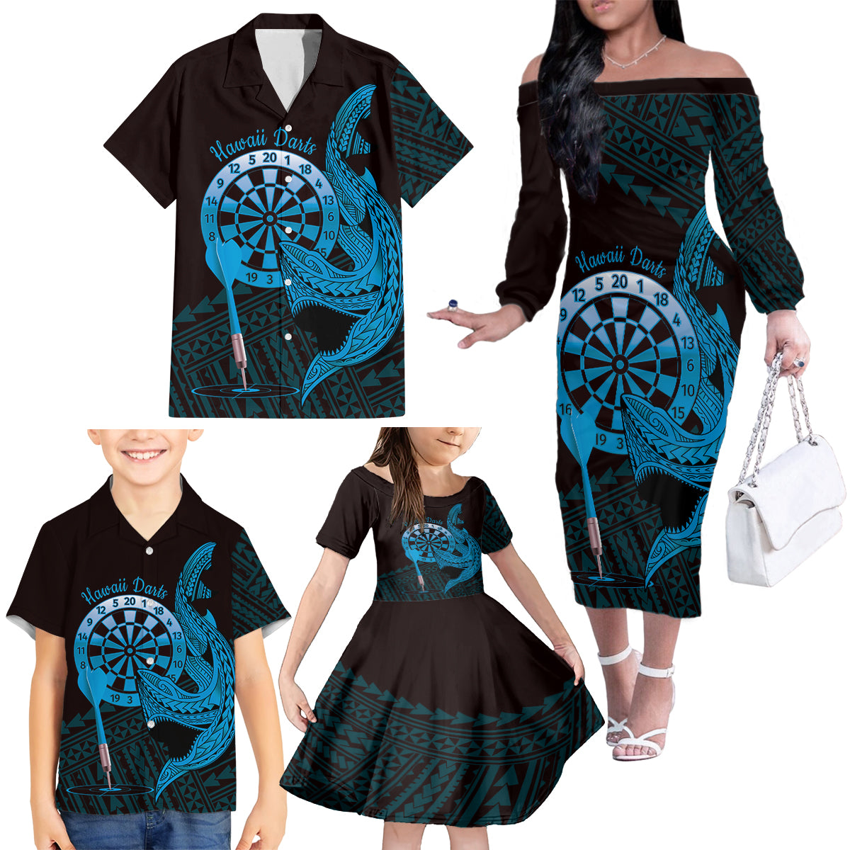 Aloha Hawaii Darts Family Matching Off The Shoulder Long Sleeve Dress and Hawaiian Shirt Dart Board With Polynesian Shark - Blue