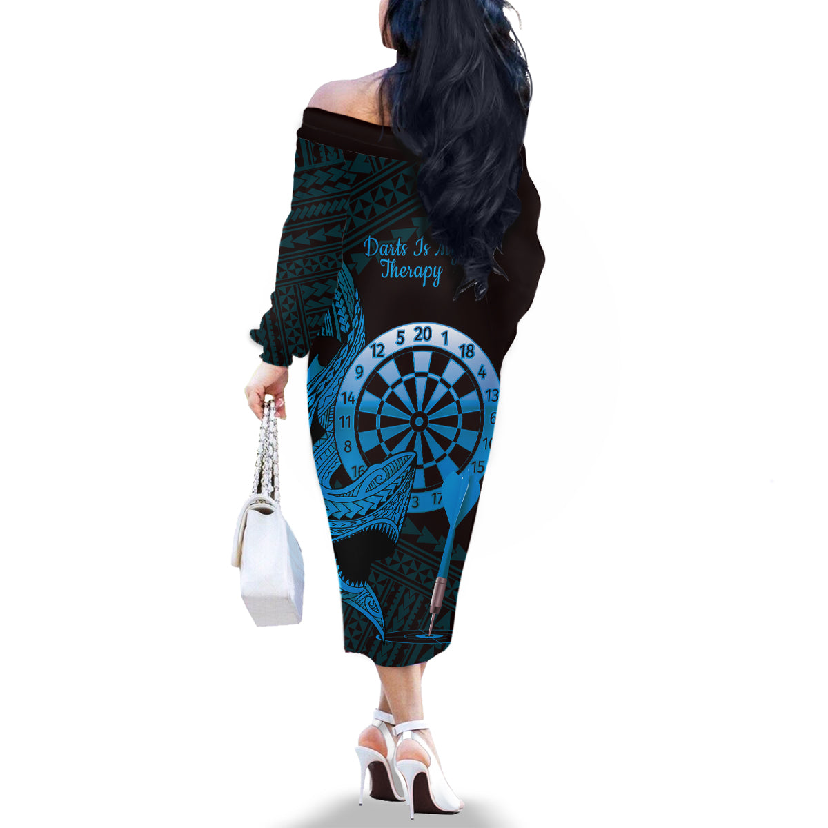 Aloha Hawaii Darts Family Matching Off The Shoulder Long Sleeve Dress and Hawaiian Shirt Dart Board With Polynesian Shark - Blue