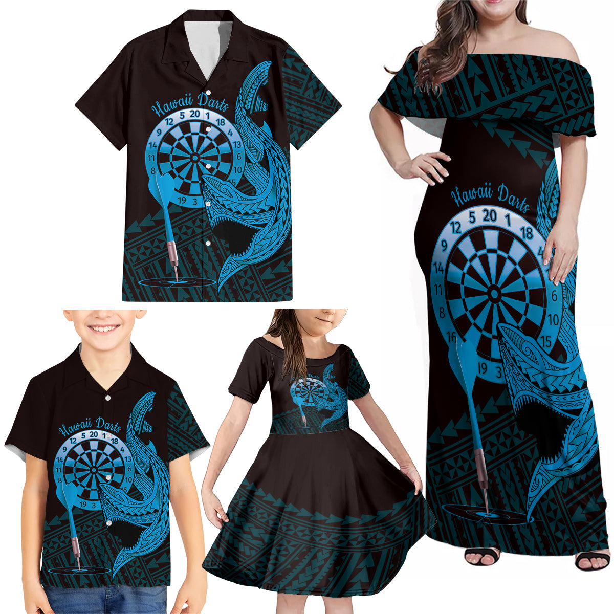 Aloha Hawaii Darts Family Matching Off Shoulder Maxi Dress and Hawaiian Shirt Dart Board With Polynesian Shark - Blue