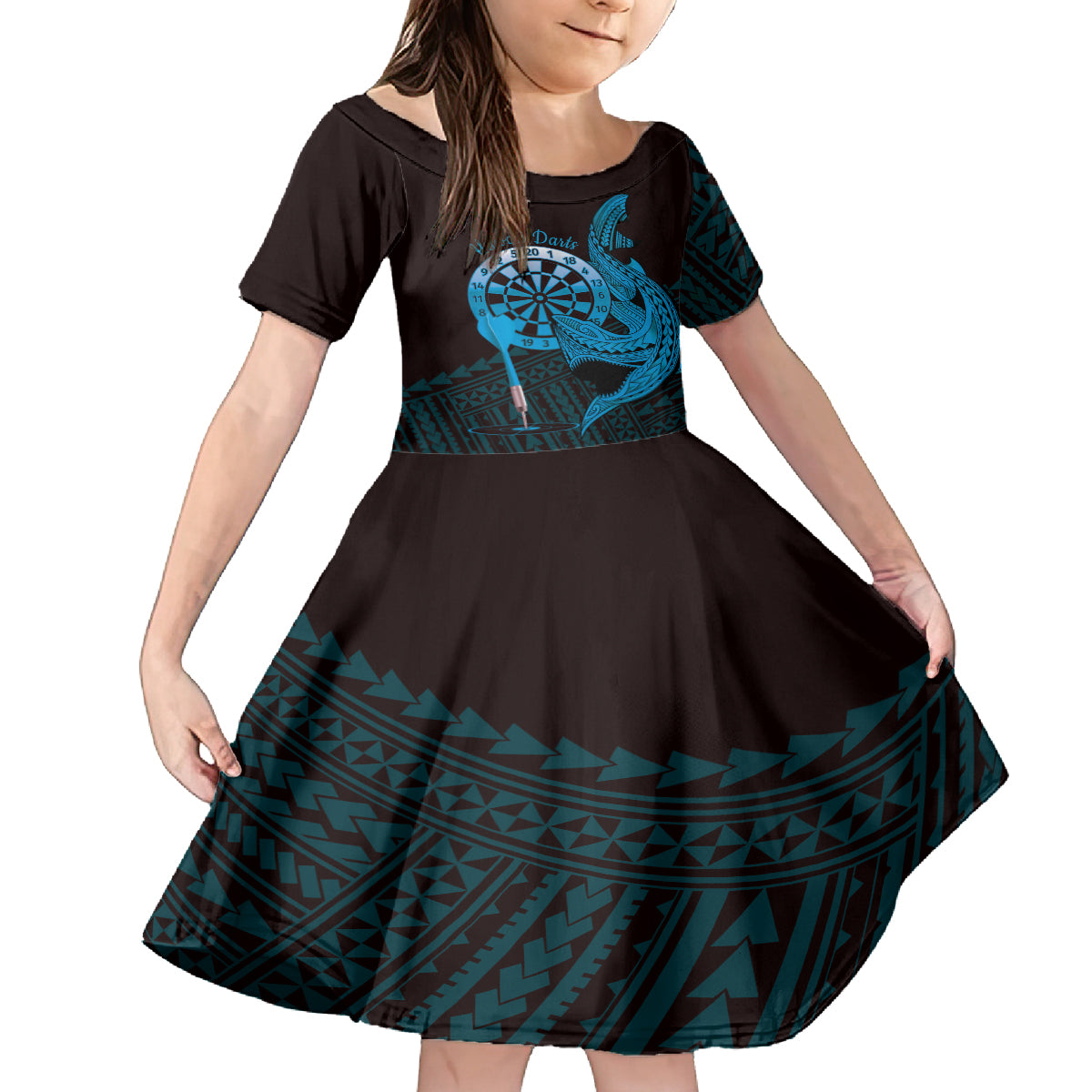 Aloha Hawaii Darts Family Matching Off Shoulder Short Dress and Hawaiian Shirt Dart Board With Polynesian Shark - Blue LT14 Daughter's Dress Blue - Polynesian Pride