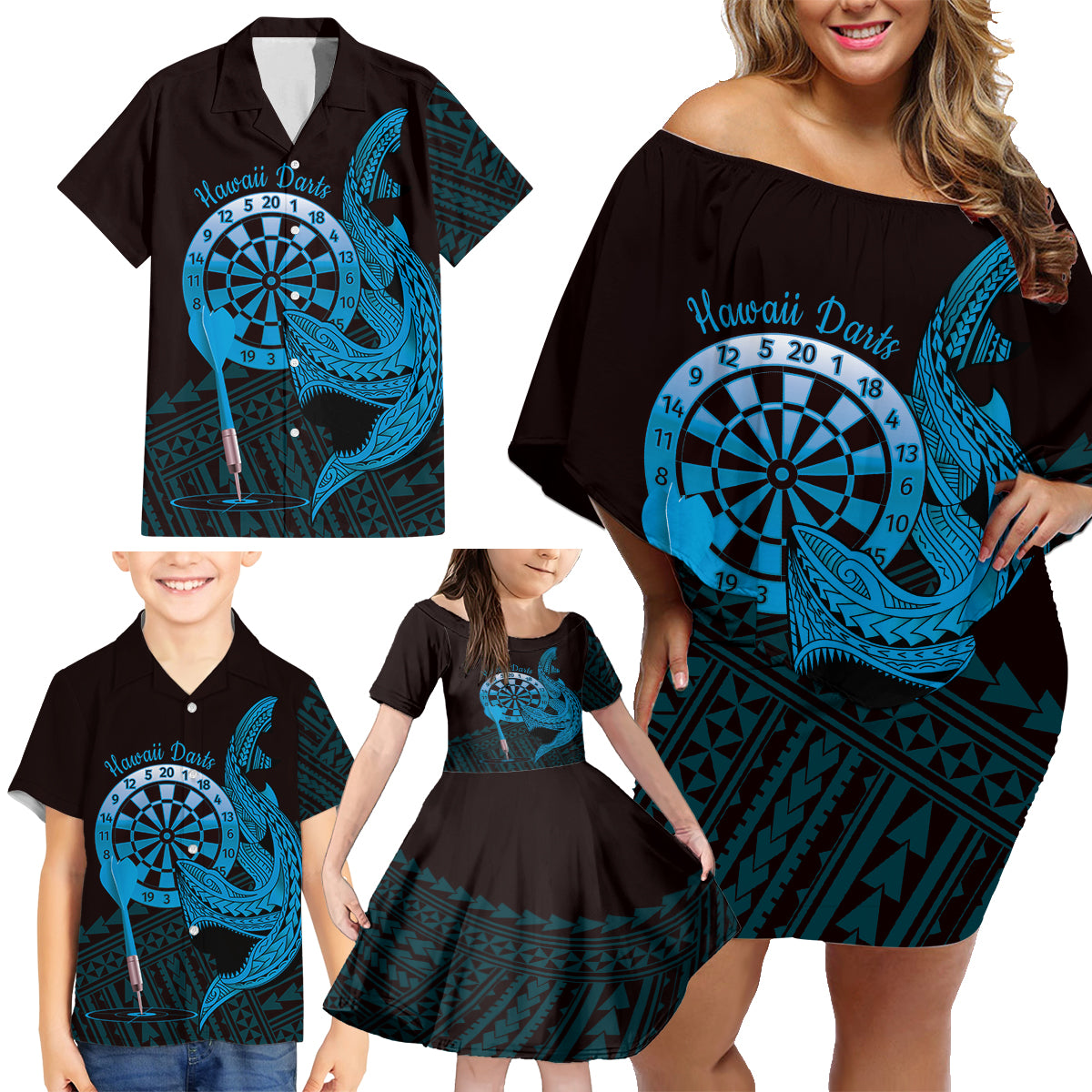 Aloha Hawaii Darts Family Matching Off Shoulder Short Dress and Hawaiian Shirt Dart Board With Polynesian Shark - Blue