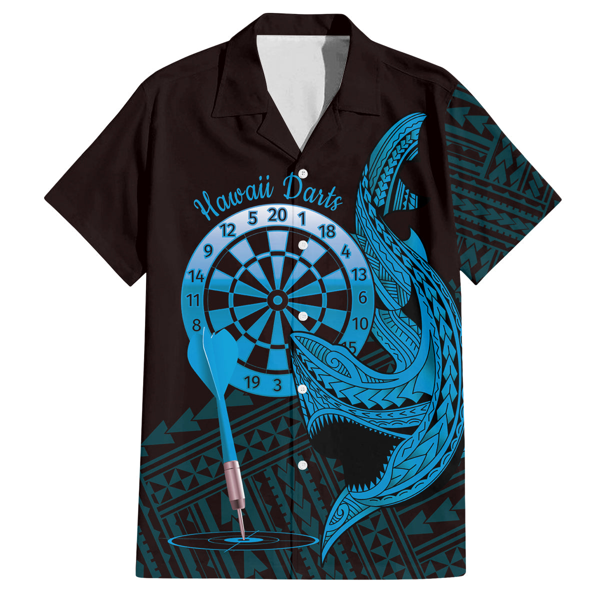 Aloha Hawaii Darts Family Matching Off Shoulder Short Dress and Hawaiian Shirt Dart Board With Polynesian Shark - Blue LT14 Dad's Shirt - Short Sleeve Blue - Polynesian Pride