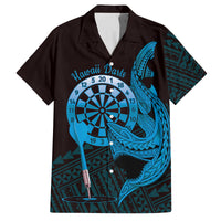 Aloha Hawaii Darts Family Matching Off Shoulder Short Dress and Hawaiian Shirt Dart Board With Polynesian Shark - Blue LT14 Dad's Shirt - Short Sleeve Blue - Polynesian Pride