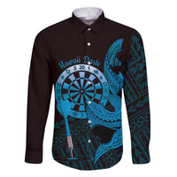 Aloha Hawaii Darts Family Matching Off Shoulder Short Dress and Hawaiian Shirt Dart Board With Polynesian Shark - Blue LT14 Dad's Shirt - Long Sleeve Blue - Polynesian Pride