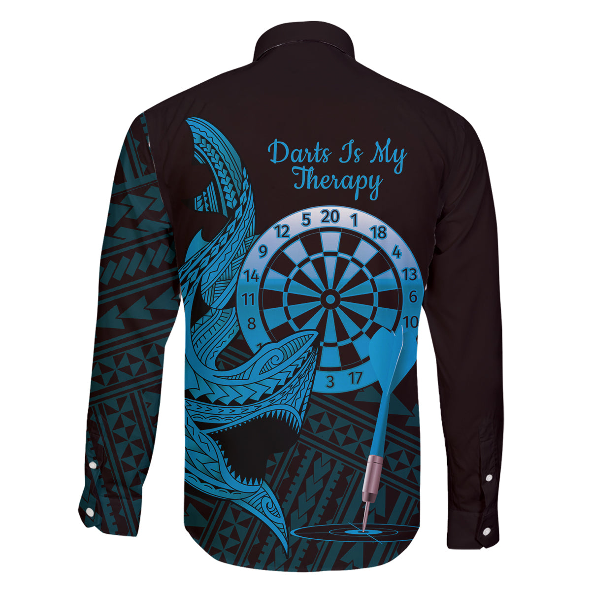 Aloha Hawaii Darts Family Matching Off Shoulder Short Dress and Hawaiian Shirt Dart Board With Polynesian Shark - Blue LT14 - Polynesian Pride