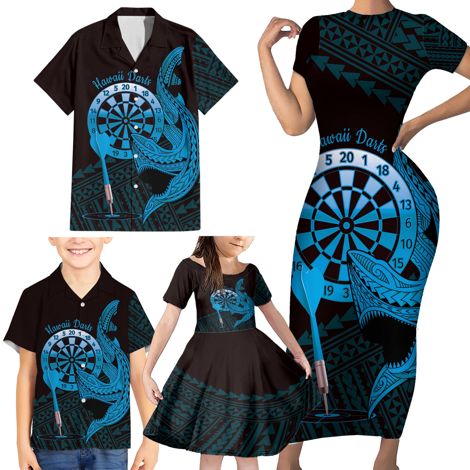 Aloha Hawaii Darts Family Matching Short Sleeve Bodycon Dress and Hawaiian Shirt Dart Board With Polynesian Shark - Blue LT14 - Polynesian Pride