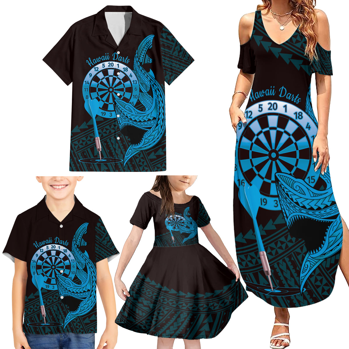 Aloha Hawaii Darts Family Matching Summer Maxi Dress and Hawaiian Shirt Dart Board With Polynesian Shark - Blue