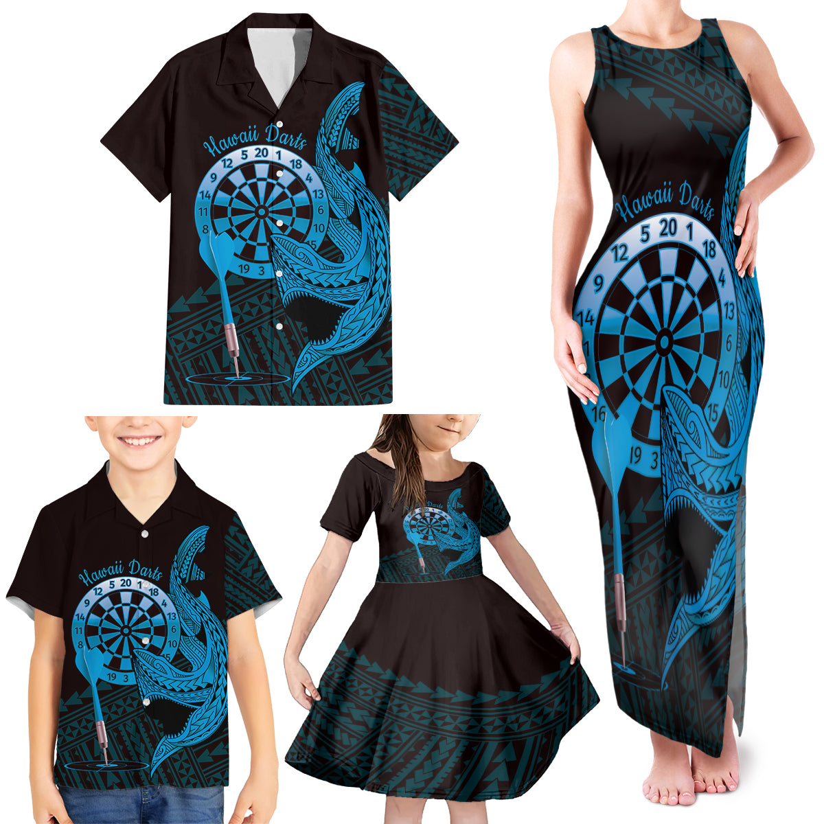 Aloha Hawaii Darts Family Matching Tank Maxi Dress and Hawaiian Shirt Dart Board With Polynesian Shark - Blue