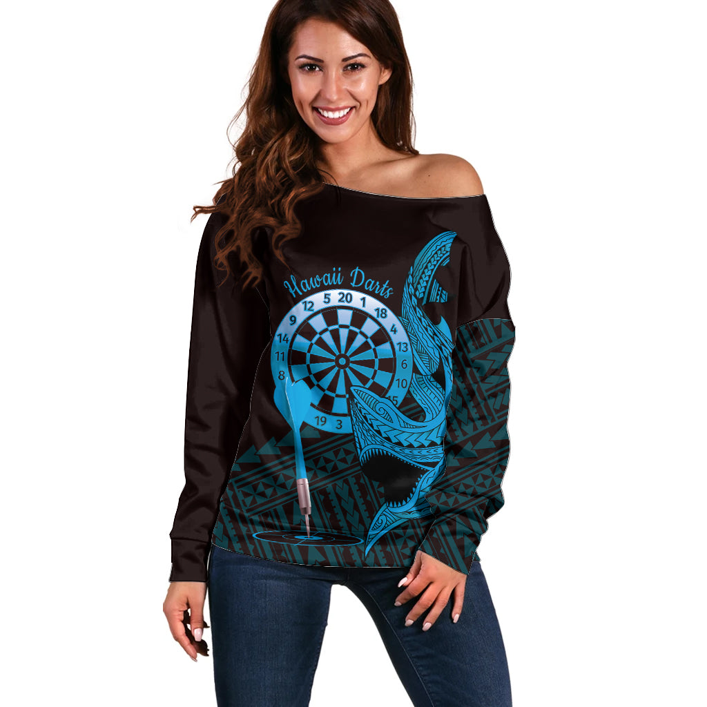 Aloha Hawaii Darts Off Shoulder Sweater Dart Board With Polynesian Shark - Blue