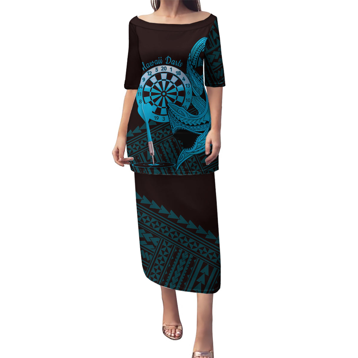 Aloha Hawaii Darts Puletasi Dart Board With Polynesian Shark - Blue LT14 Long Dress Blue - Polynesian Pride