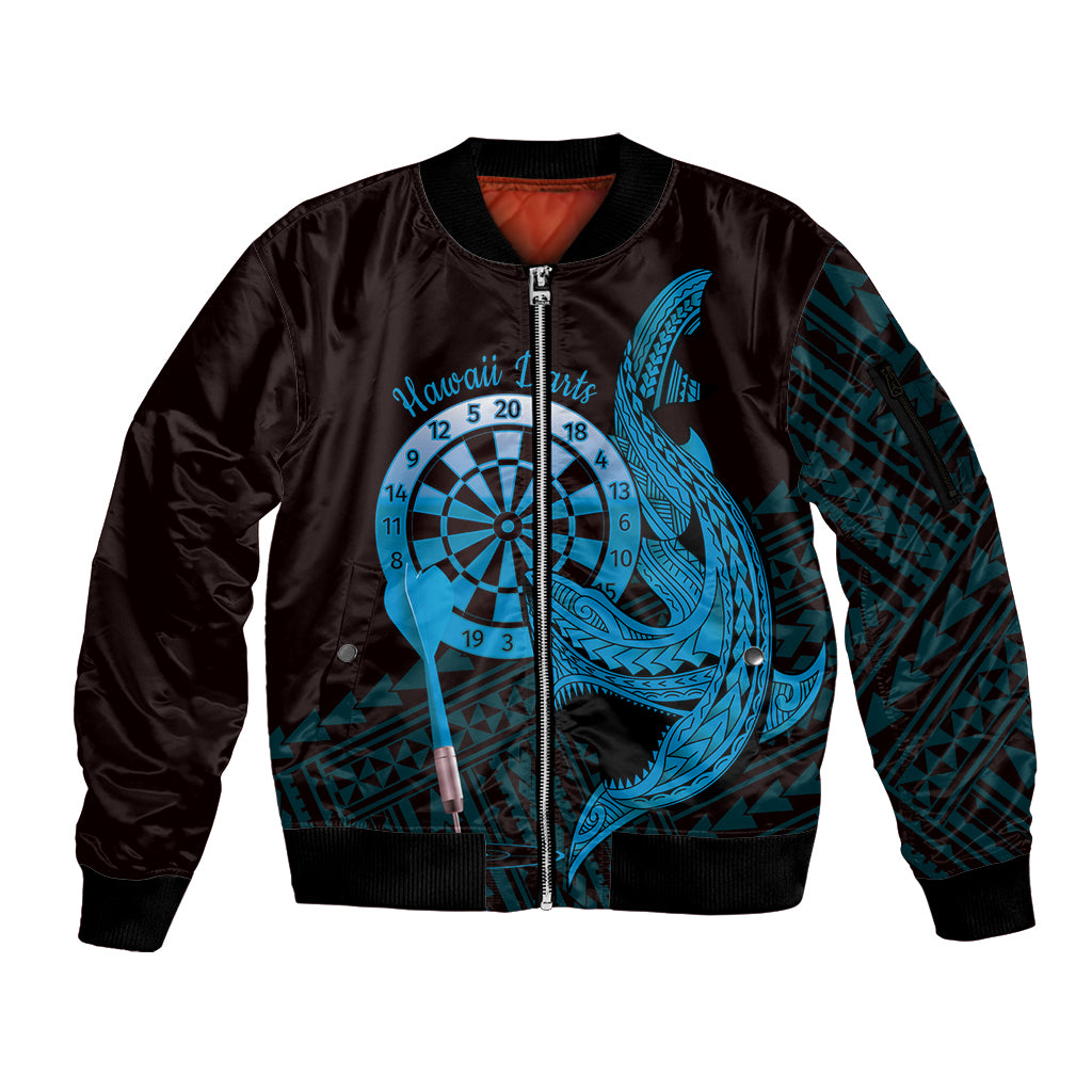 Aloha Hawaii Darts Sleeve Zip Bomber Jacket Dart Board With Polynesian Shark - Blue LT14 Unisex Blue - Polynesian Pride