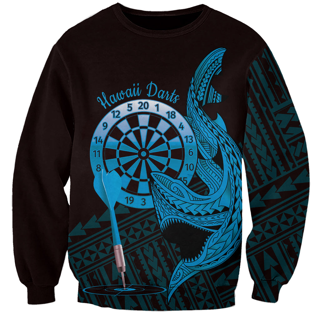 Aloha Hawaii Darts Sweatshirt Dart Board With Polynesian Shark - Blue
