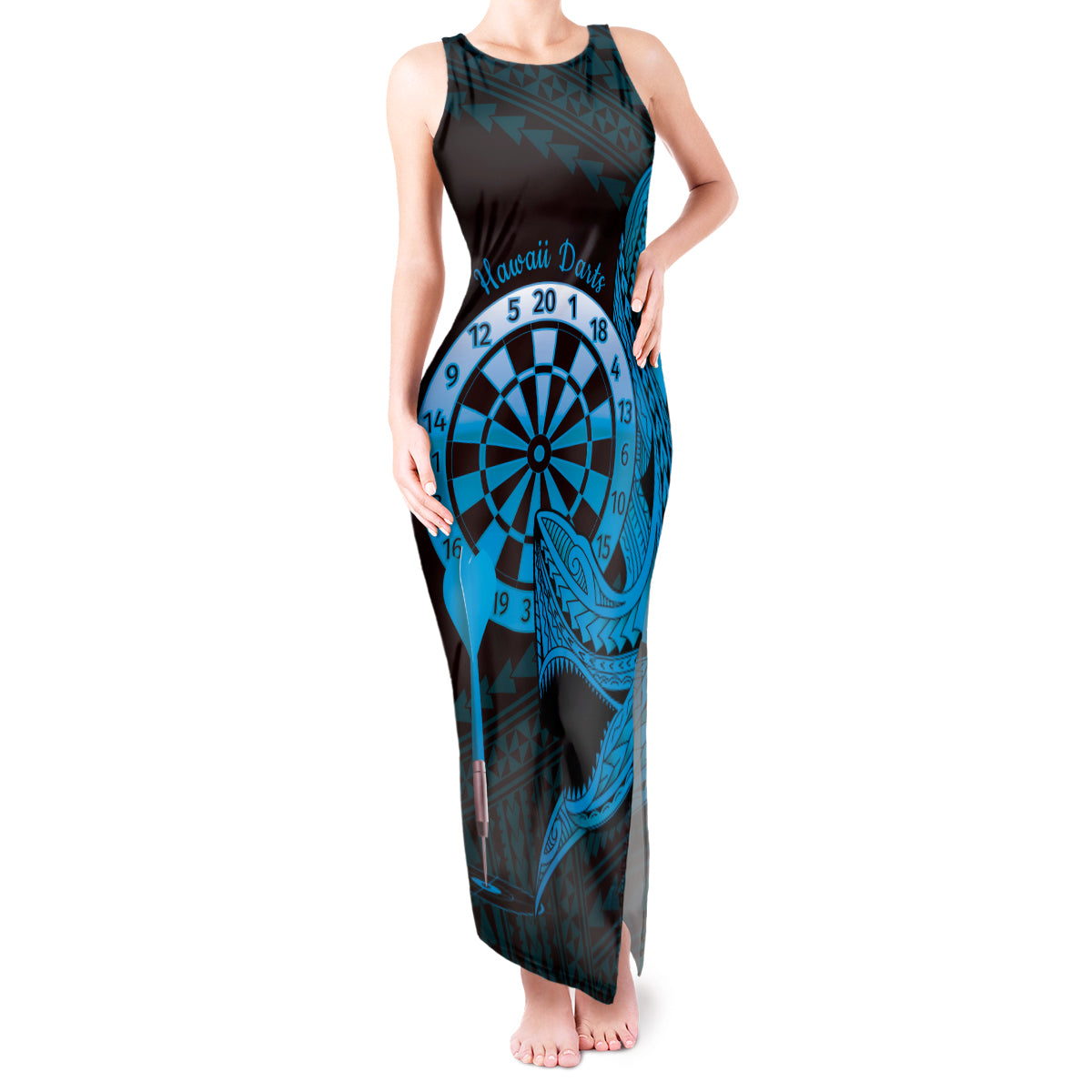 Aloha Hawaii Darts Tank Maxi Dress Dart Board With Polynesian Shark - Blue