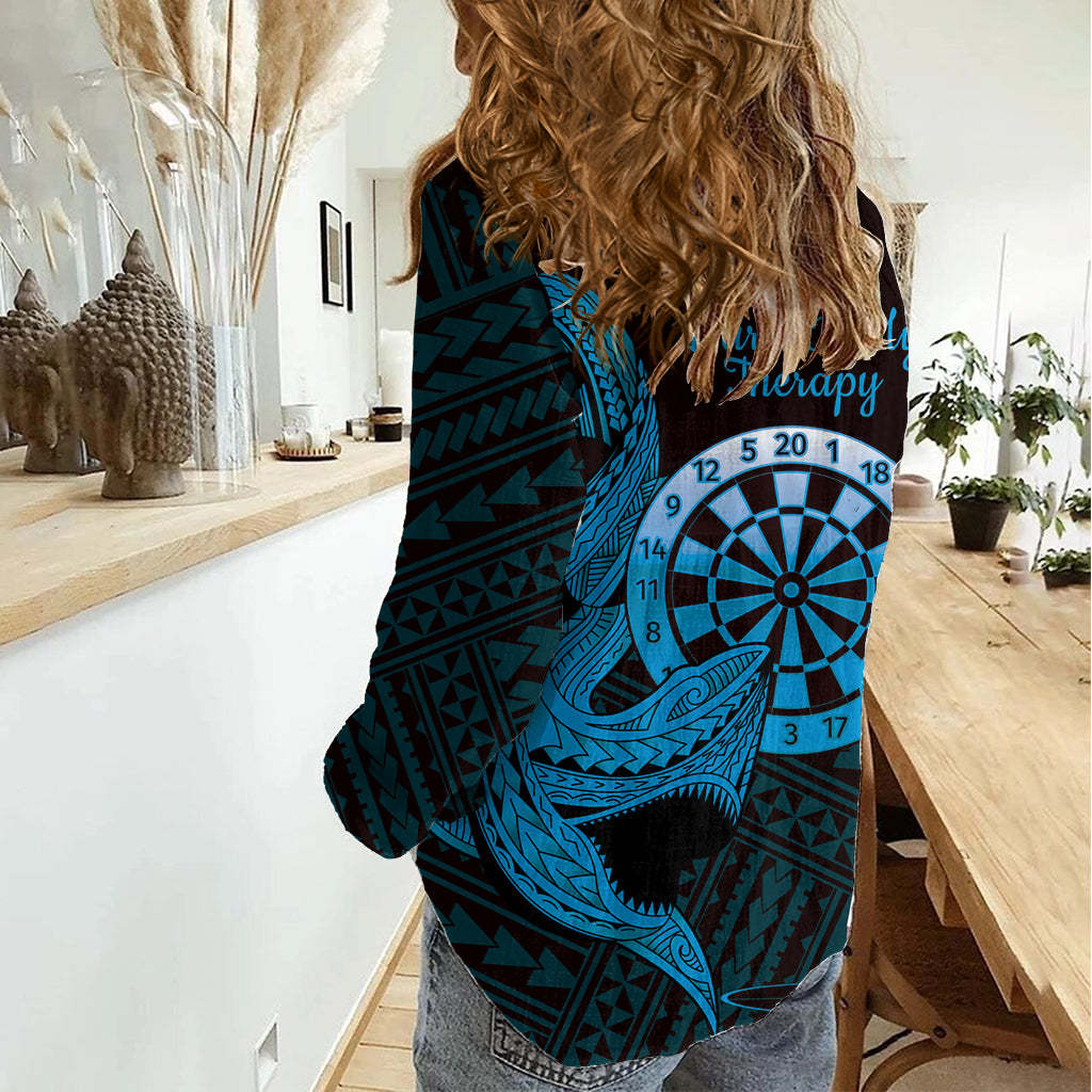 Aloha Hawaii Darts Women Casual Shirt Dart Board With Polynesian Shark - Blue