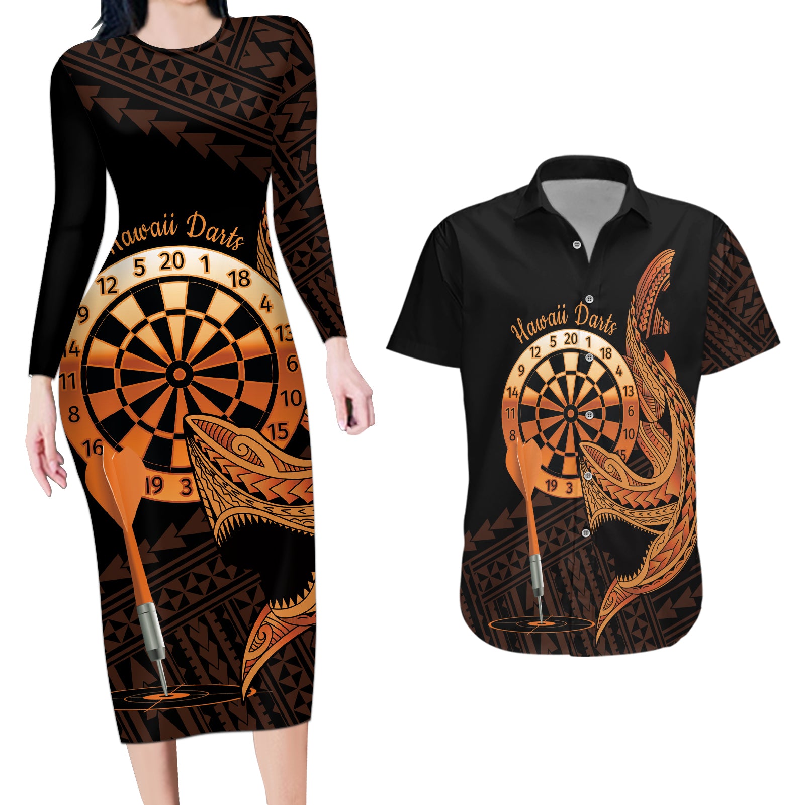 Aloha Hawaii Darts Couples Matching Long Sleeve Bodycon Dress and Hawaiian Shirt Dart Board With Polynesian Shark - Gold