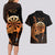 Aloha Hawaii Darts Couples Matching Long Sleeve Bodycon Dress and Hawaiian Shirt Dart Board With Polynesian Shark - Gold