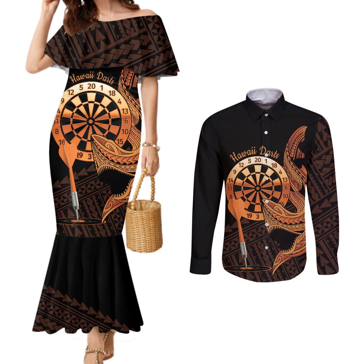 Aloha Hawaii Darts Couples Matching Mermaid Dress and Long Sleeve Button Shirt Dart Board With Polynesian Shark - Gold LT14 Gold - Polynesian Pride