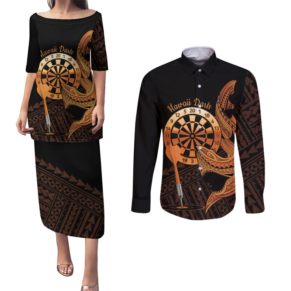 Aloha Hawaii Darts Couples Matching Puletasi and Long Sleeve Button Shirt Dart Board With Polynesian Shark - Gold LT14 Gold - Polynesian Pride