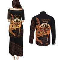 Aloha Hawaii Darts Couples Matching Puletasi and Long Sleeve Button Shirt Dart Board With Polynesian Shark - Gold LT14 - Polynesian Pride