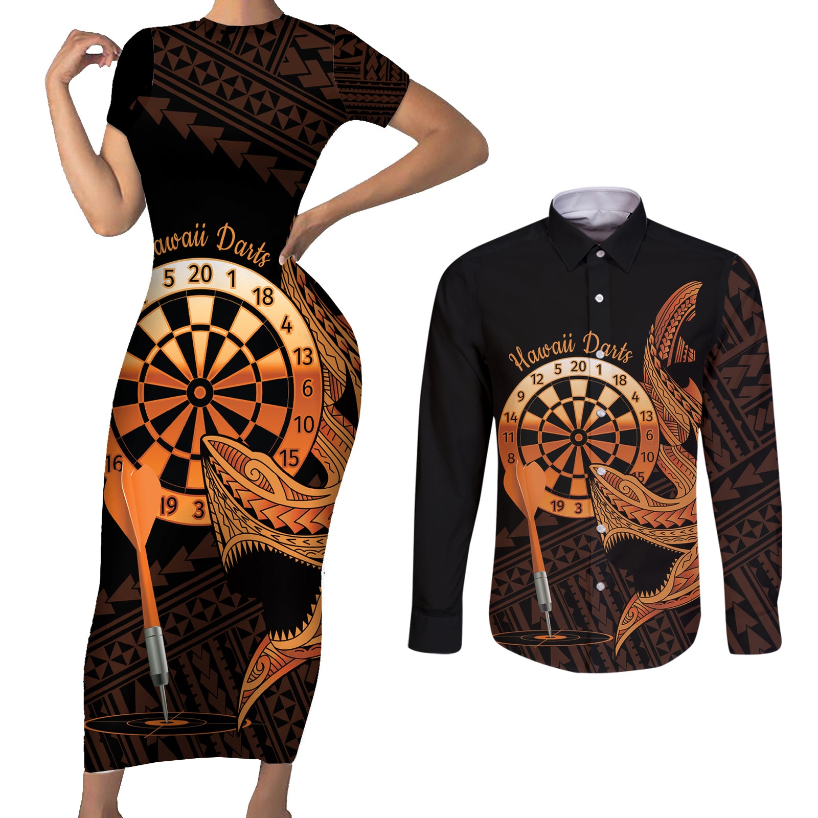 Aloha Hawaii Darts Couples Matching Short Sleeve Bodycon Dress and Long Sleeve Button Shirt Dart Board With Polynesian Shark - Gold LT14 Gold - Polynesian Pride