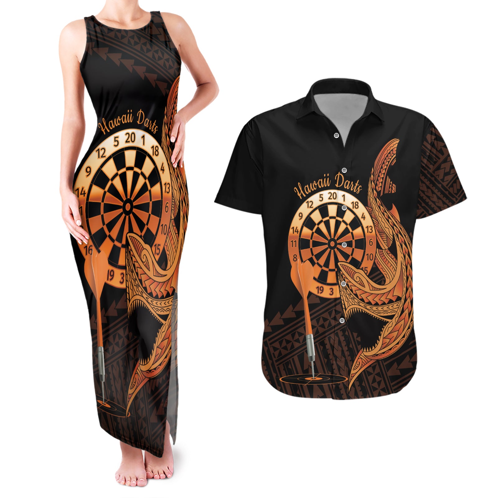Aloha Hawaii Darts Couples Matching Tank Maxi Dress and Hawaiian Shirt Dart Board With Polynesian Shark - Gold LT14 Gold - Polynesian Pride