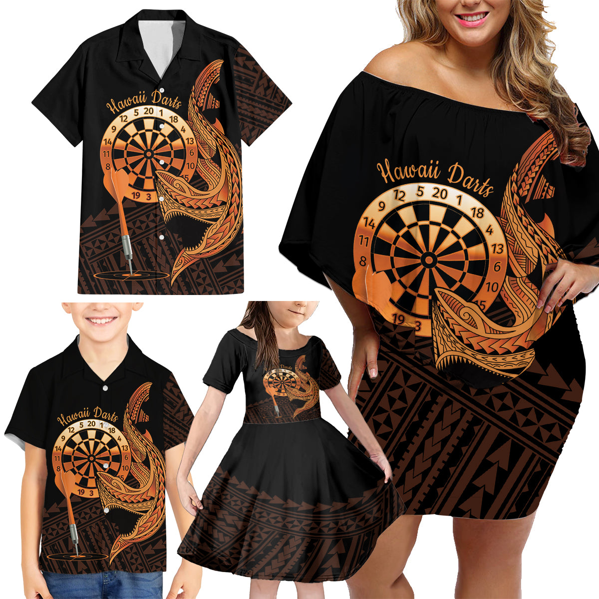 Aloha Hawaii Darts Family Matching Off Shoulder Short Dress and Hawaiian Shirt Dart Board With Polynesian Shark - Gold