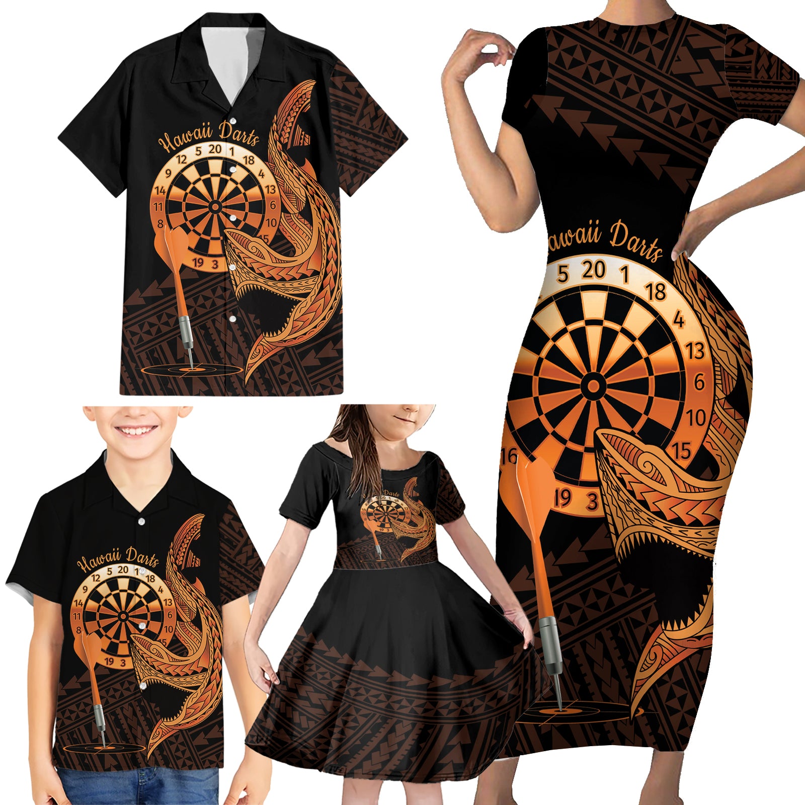 Aloha Hawaii Darts Family Matching Short Sleeve Bodycon Dress and Hawaiian Shirt Dart Board With Polynesian Shark - Gold LT14 - Polynesian Pride