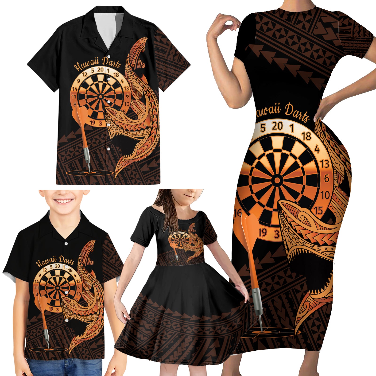 Aloha Hawaii Darts Family Matching Short Sleeve Bodycon Dress and Hawaiian Shirt Dart Board With Polynesian Shark - Gold