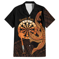 Aloha Hawaii Darts Family Matching Short Sleeve Bodycon Dress and Hawaiian Shirt Dart Board With Polynesian Shark - Gold LT14 Dad's Shirt - Short Sleeve Gold - Polynesian Pride