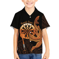 Aloha Hawaii Darts Family Matching Short Sleeve Bodycon Dress and Hawaiian Shirt Dart Board With Polynesian Shark - Gold LT14 Son's Shirt Gold - Polynesian Pride