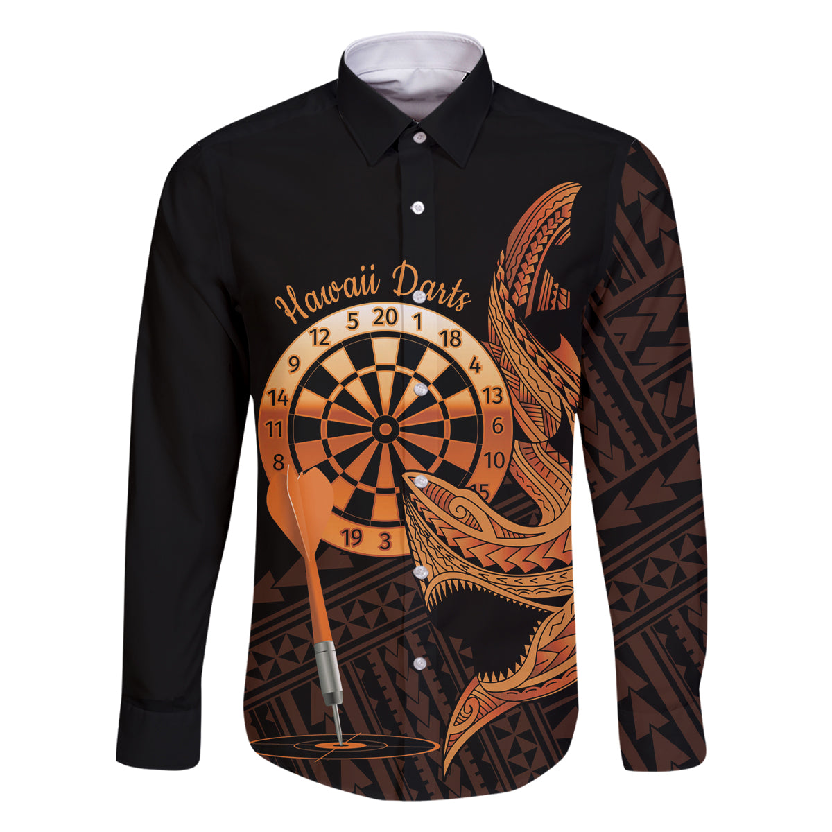 Aloha Hawaii Darts Family Matching Summer Maxi Dress and Hawaiian Shirt Dart Board With Polynesian Shark - Gold