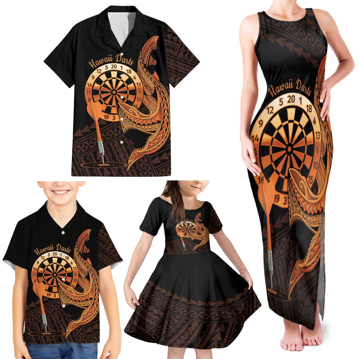 Aloha Hawaii Darts Family Matching Tank Maxi Dress and Hawaiian Shirt Dart Board With Polynesian Shark - Gold LT14 - Polynesian Pride