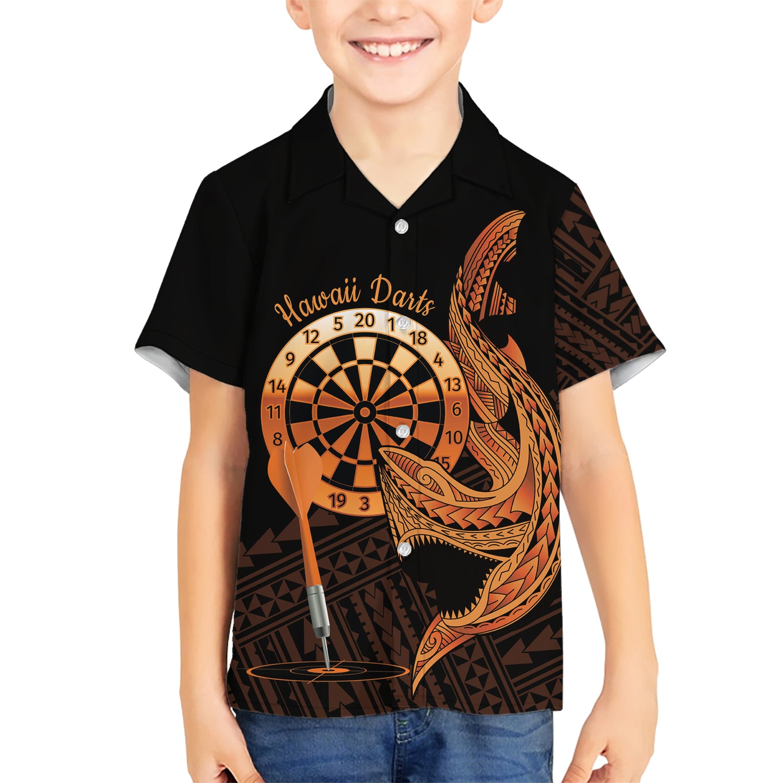 Aloha Hawaii Darts Kid Hawaiian Shirt Dart Board With Polynesian Shark - Gold LT14 Kid Gold - Polynesian Pride