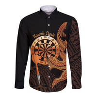 Aloha Hawaii Darts Long Sleeve Button Shirt Dart Board With Polynesian Shark - Gold