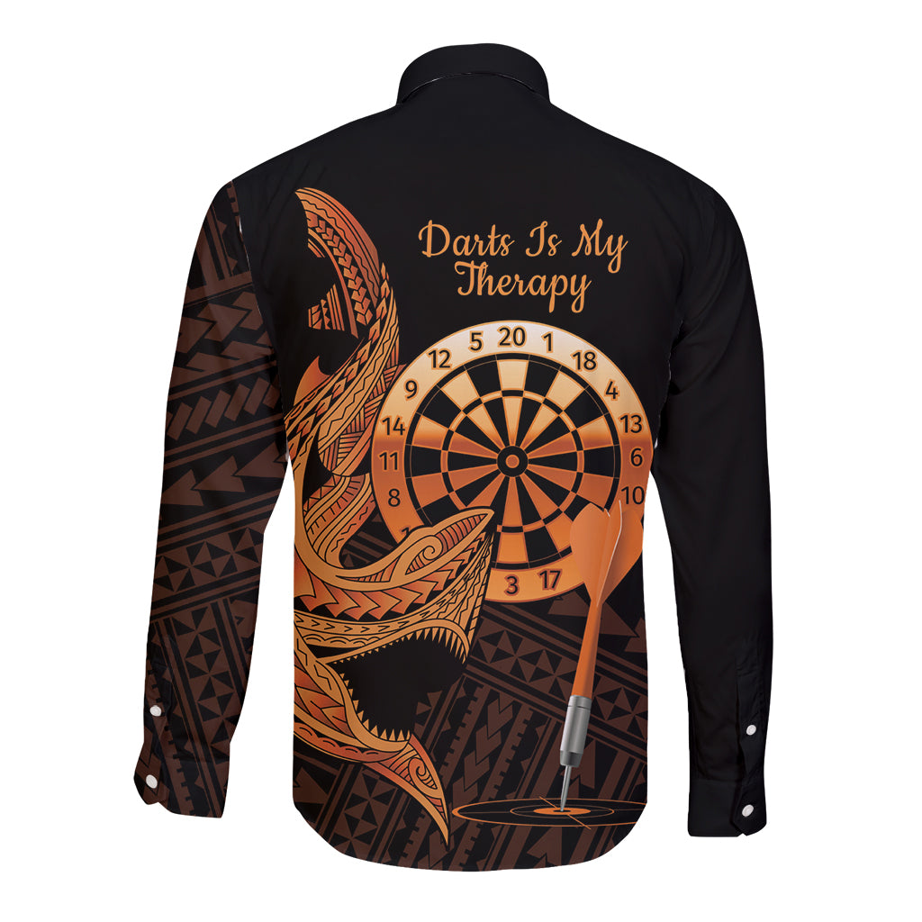 Aloha Hawaii Darts Long Sleeve Button Shirt Dart Board With Polynesian Shark - Gold