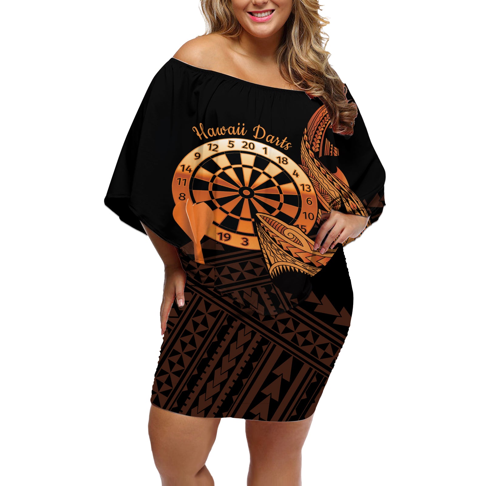 Aloha Hawaii Darts Off Shoulder Short Dress Dart Board With Polynesian Shark - Gold