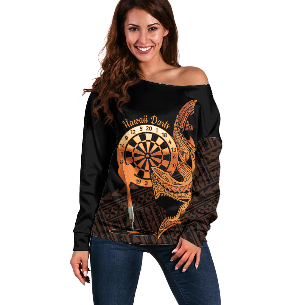 Aloha Hawaii Darts Off Shoulder Sweater Dart Board With Polynesian Shark - Gold