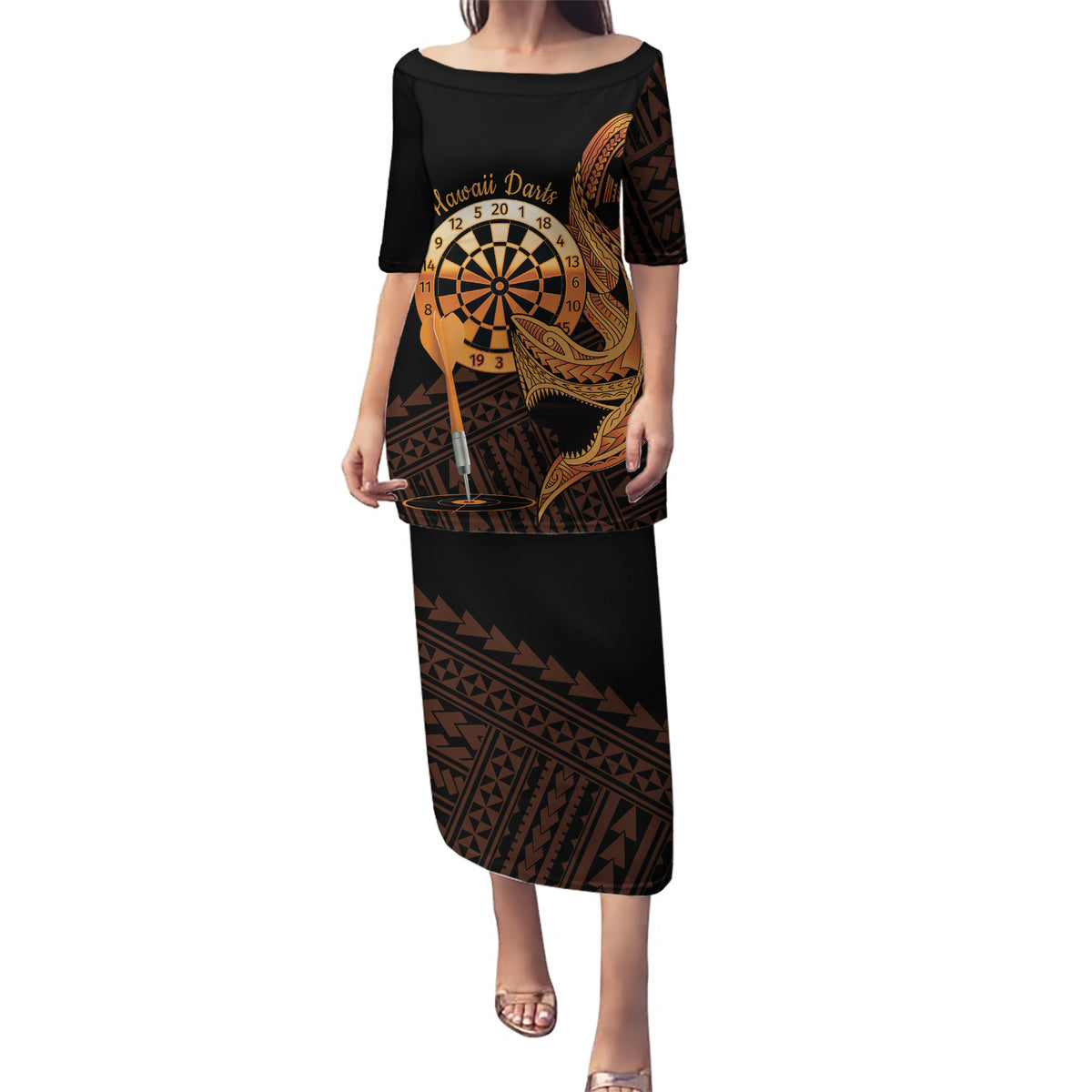 Aloha Hawaii Darts Puletasi Dart Board With Polynesian Shark - Gold LT14 Long Dress Gold - Polynesian Pride