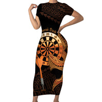 Aloha Hawaii Darts Short Sleeve Bodycon Dress Dart Board With Polynesian Shark - Gold