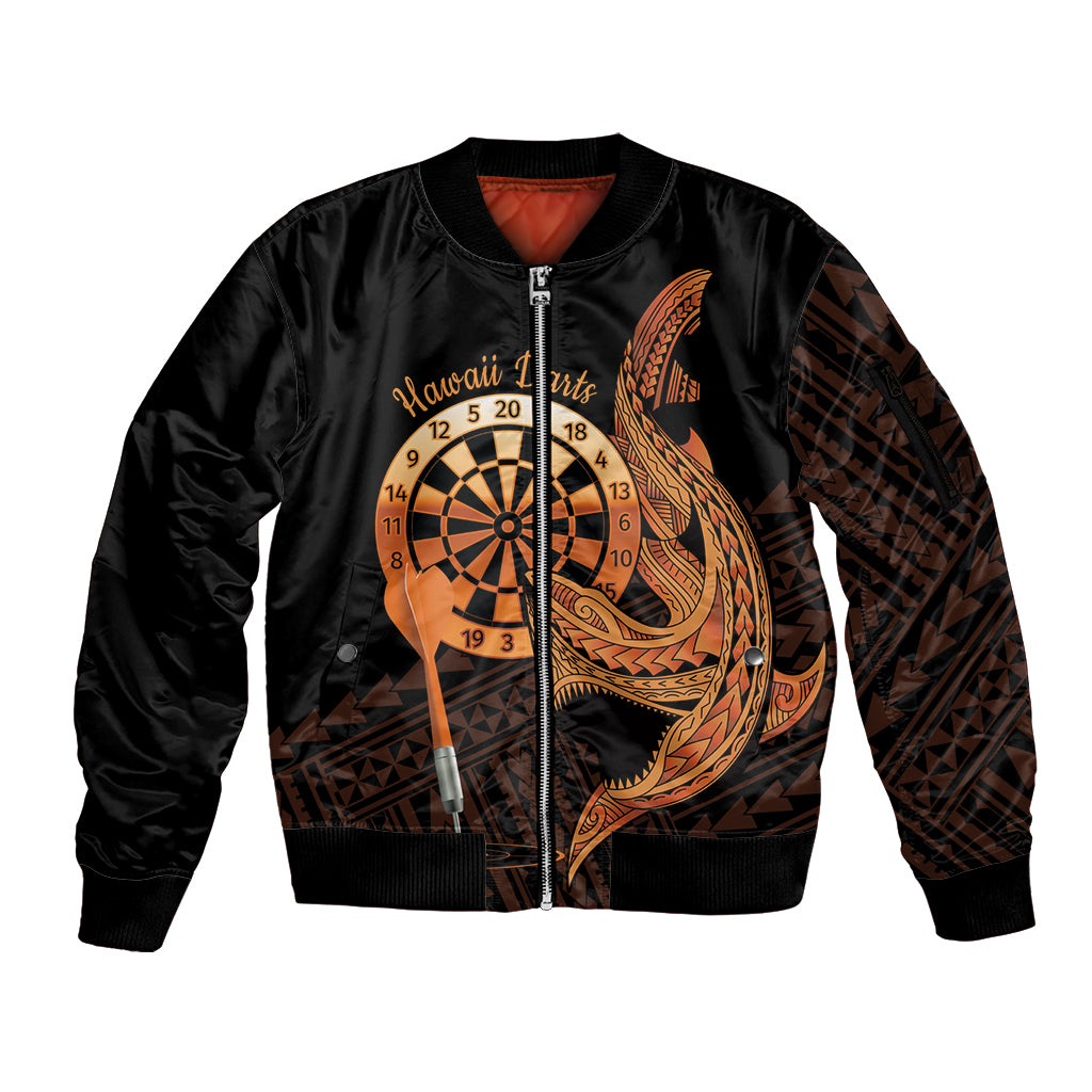 Aloha Hawaii Darts Sleeve Zip Bomber Jacket Dart Board With Polynesian Shark - Gold LT14 Unisex Gold - Polynesian Pride