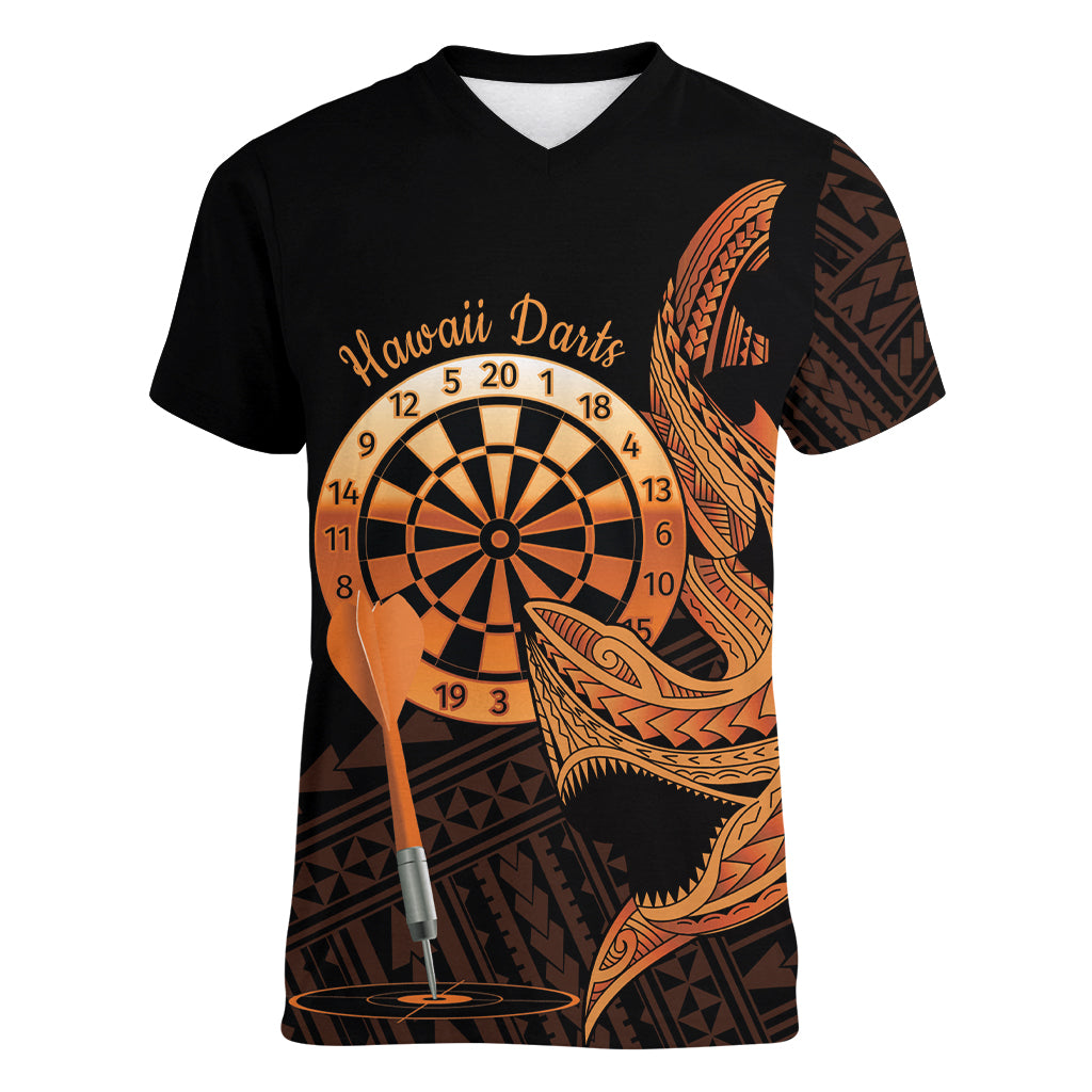 Aloha Hawaii Darts Women V-Neck T-Shirt Dart Board With Polynesian Shark - Gold