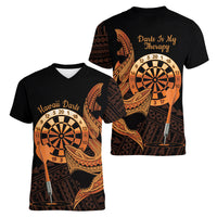 Aloha Hawaii Darts Women V-Neck T-Shirt Dart Board With Polynesian Shark - Gold
