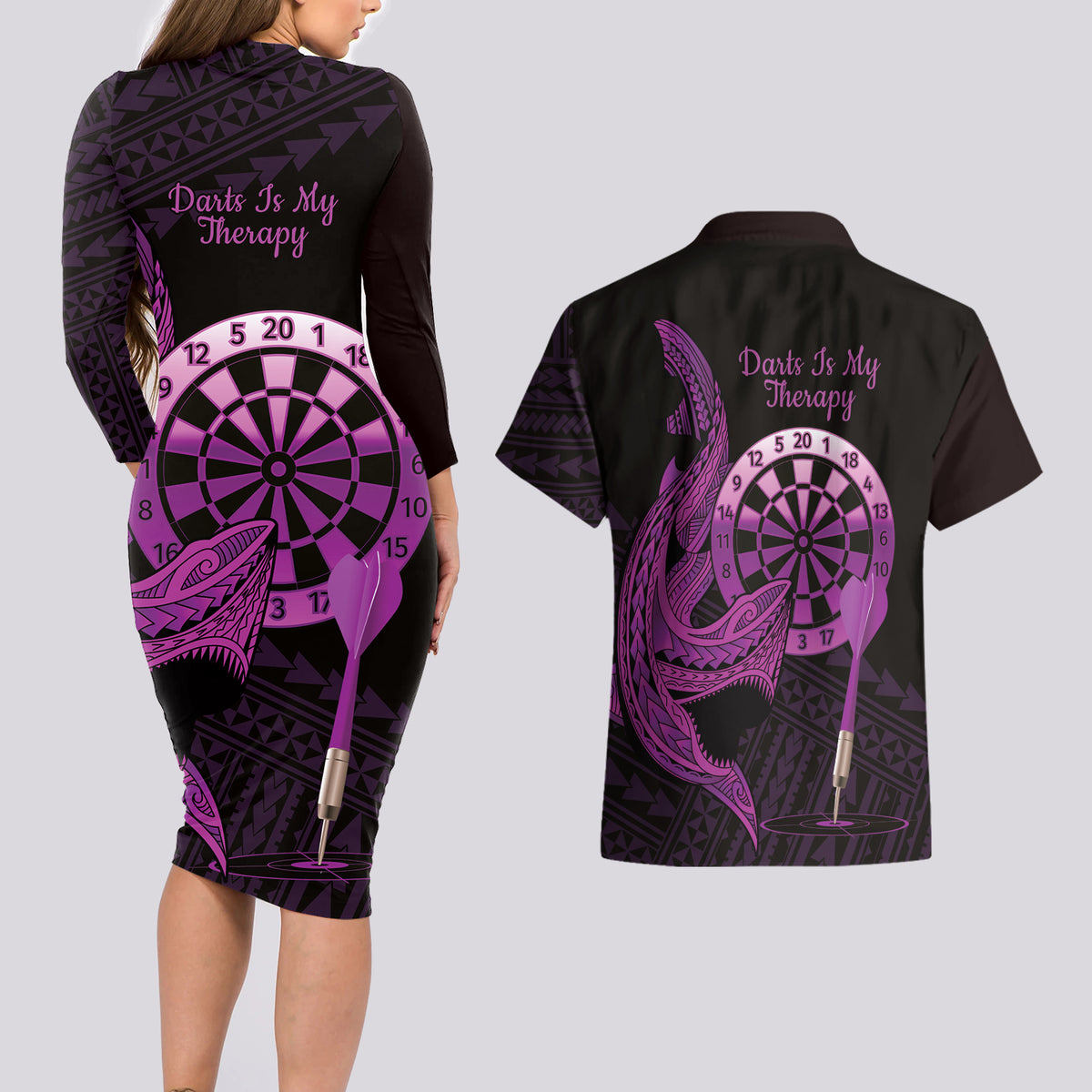 Aloha Hawaii Darts Couples Matching Long Sleeve Bodycon Dress and Hawaiian Shirt Dart Board With Polynesian Shark - Purple