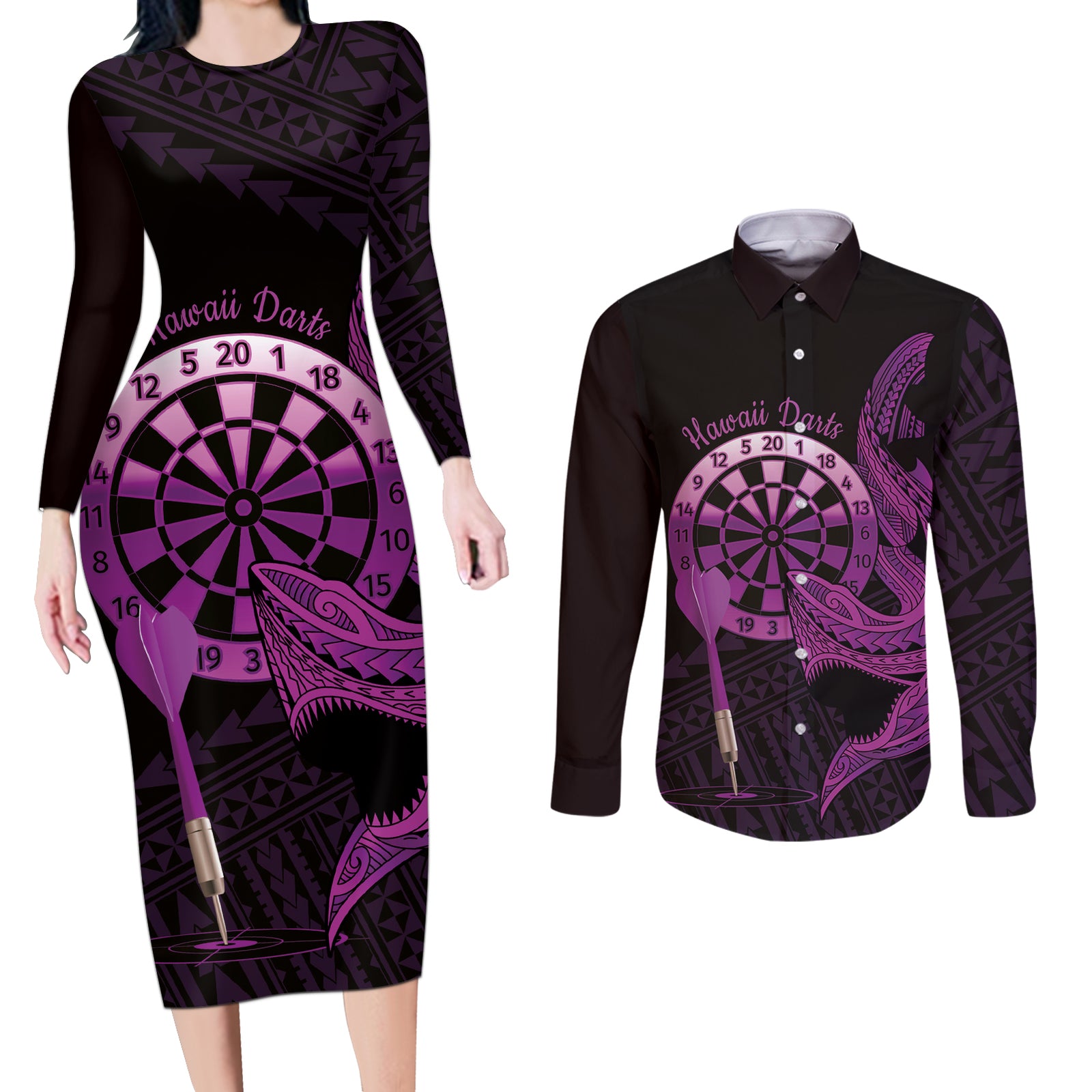 Aloha Hawaii Darts Couples Matching Long Sleeve Bodycon Dress and Long Sleeve Button Shirt Dart Board With Polynesian Shark - Purple LT14 Purple - Polynesian Pride