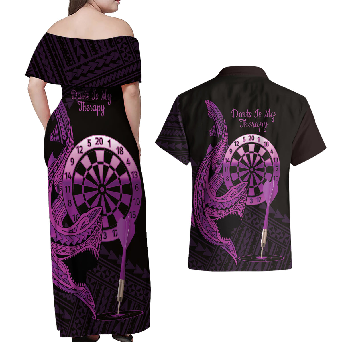 Aloha Hawaii Darts Couples Matching Off Shoulder Maxi Dress and Hawaiian Shirt Dart Board With Polynesian Shark - Purple