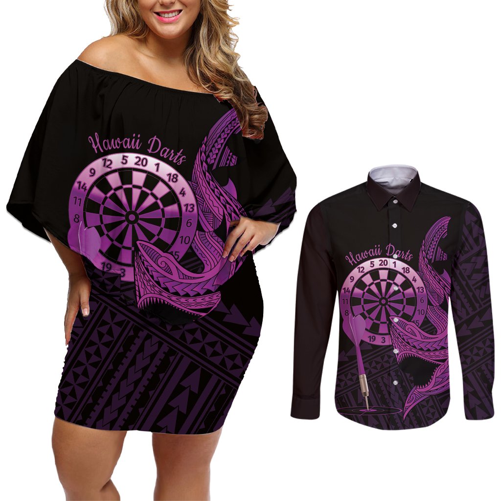 Aloha Hawaii Darts Couples Matching Off Shoulder Short Dress and Long Sleeve Button Shirt Dart Board With Polynesian Shark - Purple LT14 Purple - Polynesian Pride