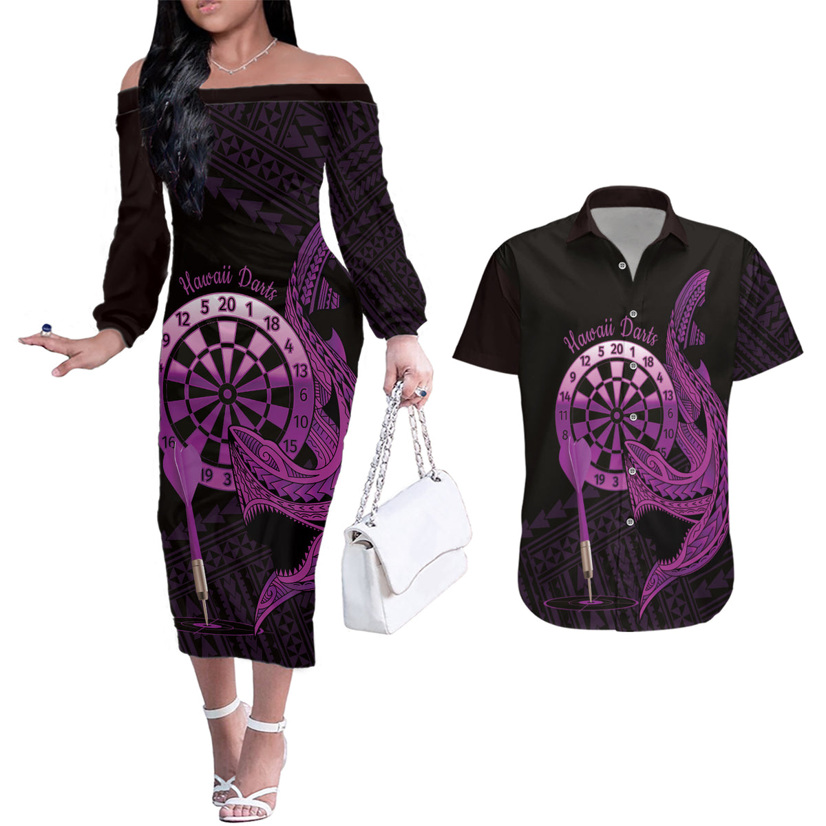 Aloha Hawaii Darts Couples Matching Off The Shoulder Long Sleeve Dress and Hawaiian Shirt Dart Board With Polynesian Shark - Purple